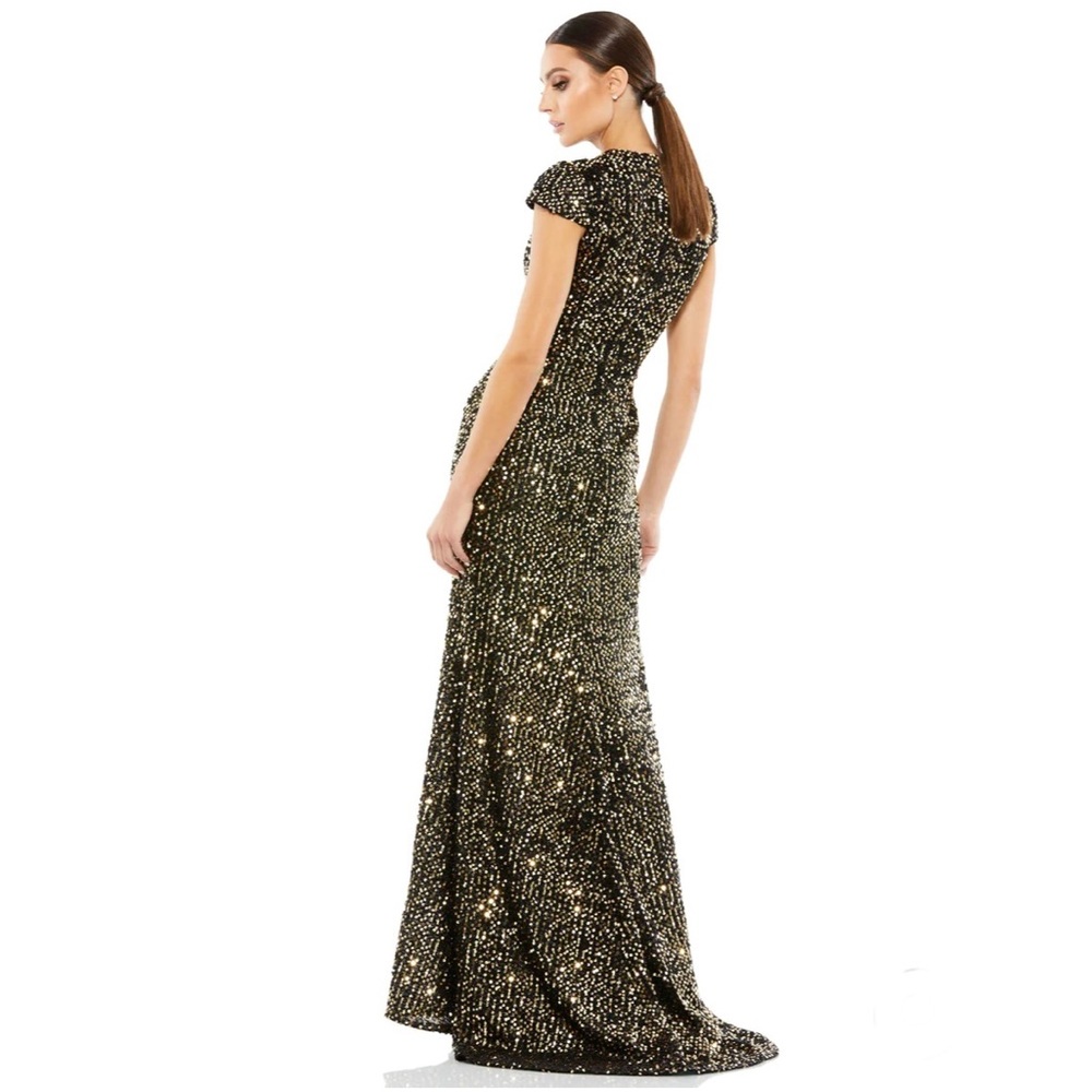 IEENA FOR MAC DUGGAL Sequined Cap Sleeve High Neck Gown NEW Size 8 Black Gold - Picture 7 of 14